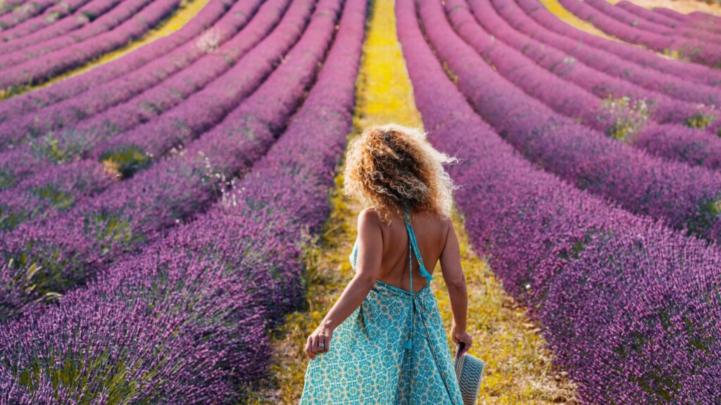 Femme aux cheveux bouclés marchant dans un champ de lavande, portant une robe dos nu bleue à motifs.